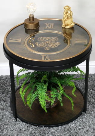 Black & Bronze Roman Numeral Cog Clock Side Table Vintage Moving Gear design
