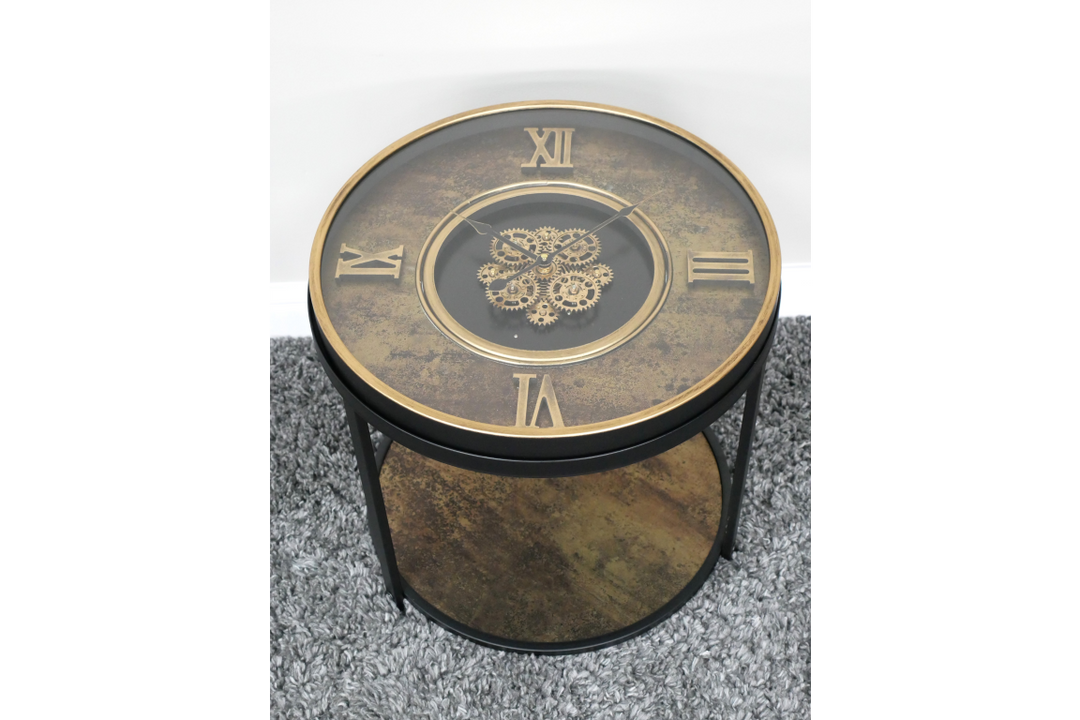 Black & Bronze Roman Numeral Cog Clock Side Table Vintage Moving Gear design