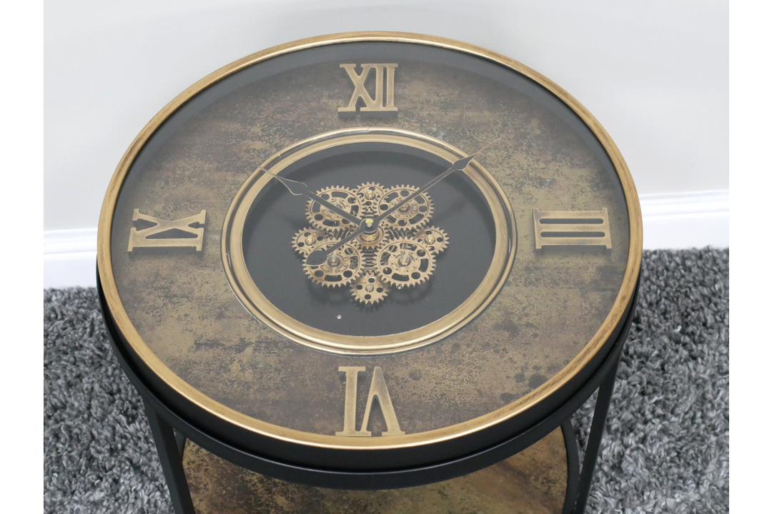 Black & Bronze Roman Numeral Cog Clock Side Table Vintage Moving Gear design