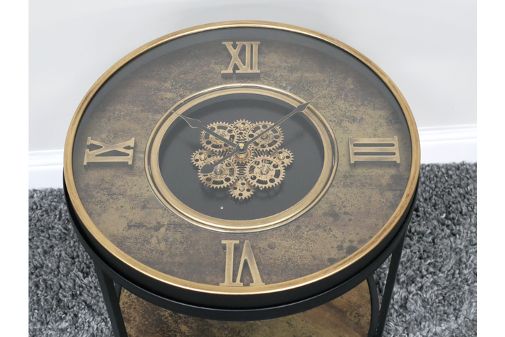 Black & Bronze Roman Numeral Cog Clock Side Table Vintage Moving Gear design