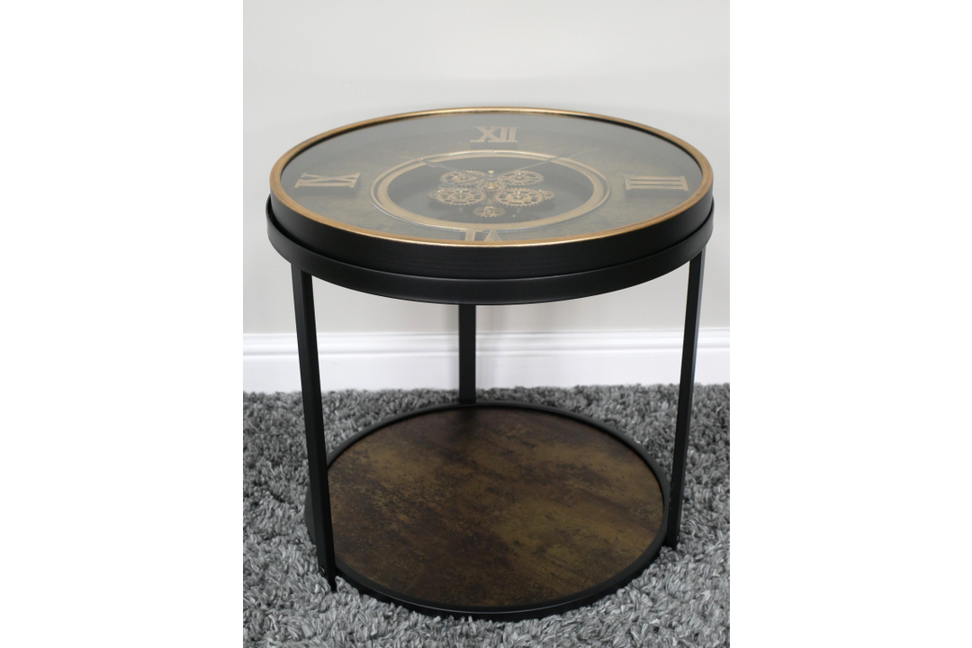 Black & Bronze Roman Numeral Cog Clock Side Table Vintage Moving Gear design