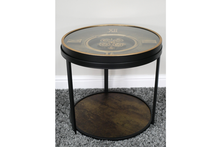 Black & Bronze Roman Numeral Cog Clock Side Table Vintage Moving Gear design