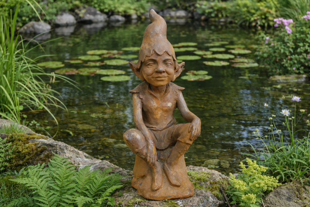 Rusty Cast Iron Elf Garden Sculptures | Whimsical Outdoor & Indoor Décor Figures
