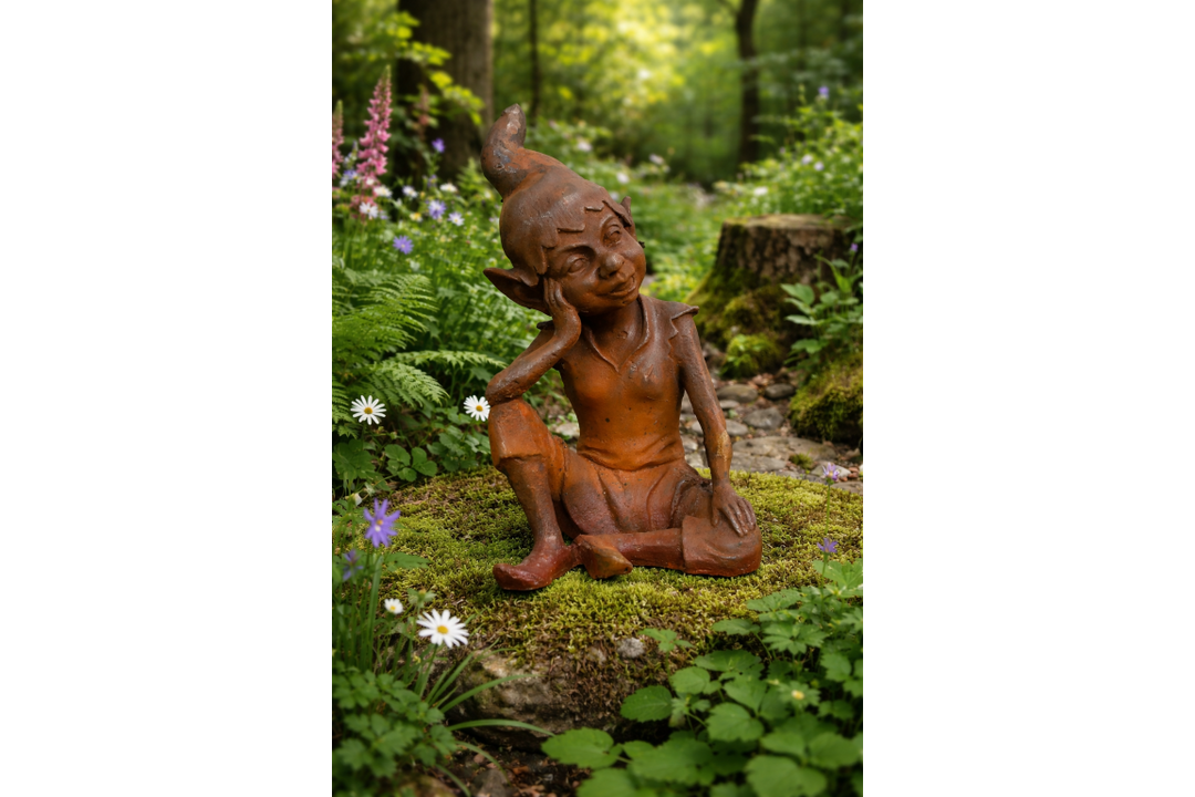 Rusty Cast Iron Elf Garden Sculptures | Whimsical Outdoor & Indoor Décor Figures