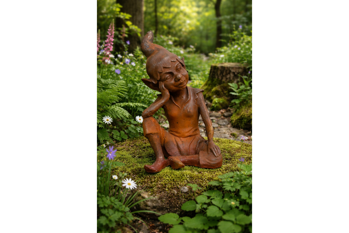 Rusty Cast Iron Elf Garden Sculptures | Whimsical Outdoor & Indoor Décor Figures
