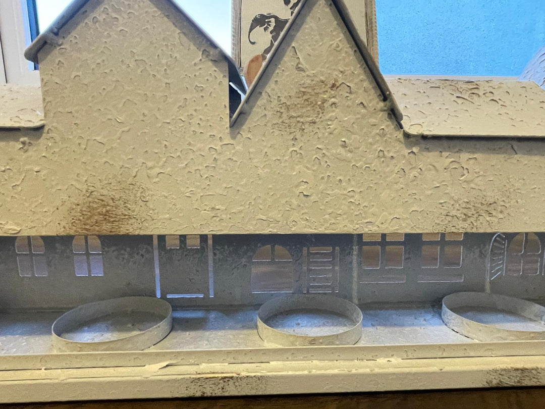 White Metal Houses Candle/Tealight Holder Rustic Decor with Cut-Out Windows