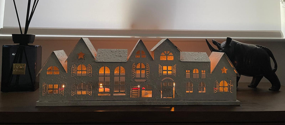 White Metal Houses Candle/Tealight Holder Rustic Decor with Cut-Out Windows