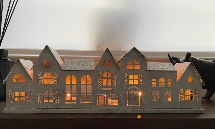 White Metal Houses Candle/Tealight Holder Rustic Decor with Cut-Out Windows