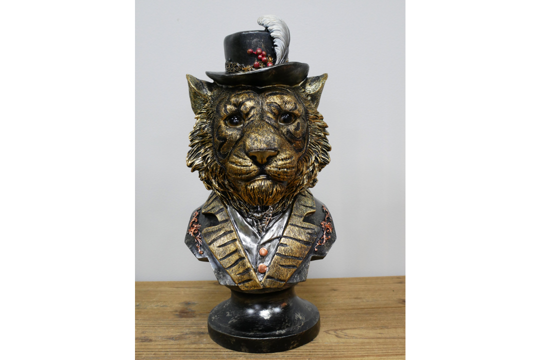 TIGER Bust Figurine Statue Brushed Gold Art  Ornament w/ Hat Feather Suit Home Decor