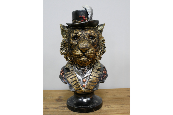 TIGER Bust Figurine Statue Brushed Gold Art  Ornament w/ Hat Feather Suit Home Decor
