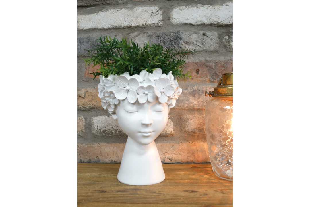 White Floral Head Vase with Face Details – Resin Planter for Home & Office Decor