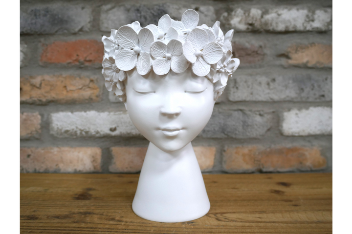 White Floral Head Vase with Face Details – Resin Planter for Home & Office Decor