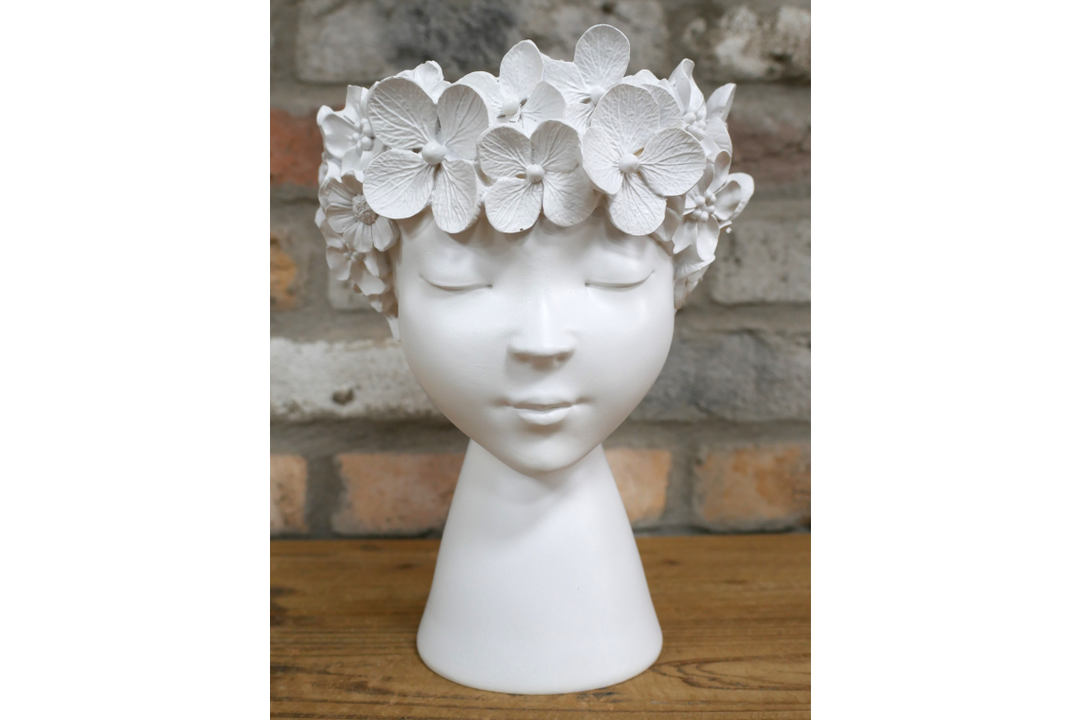 White Floral Head Vase with Face Details – Resin Planter for Home & Office Decor