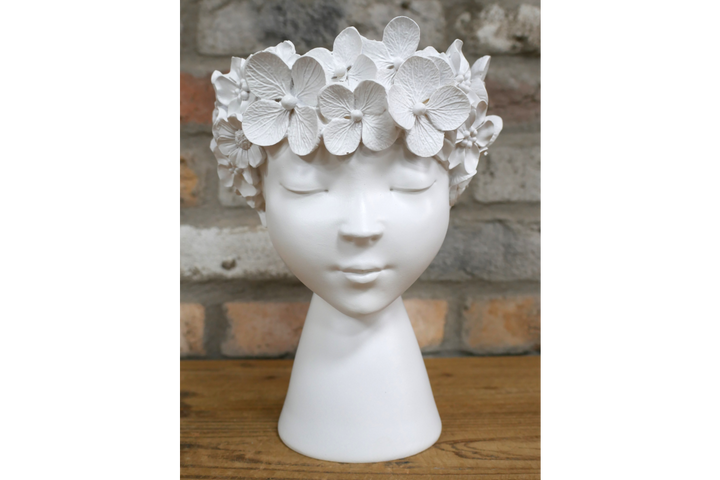 White Floral Head Vase with Face Details – Resin Planter for Home & Office Decor