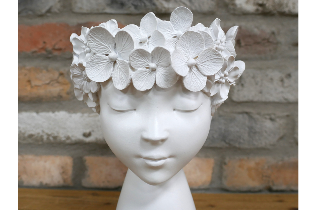 White Floral Head Vase with Face Details – Resin Planter for Home & Office Decor