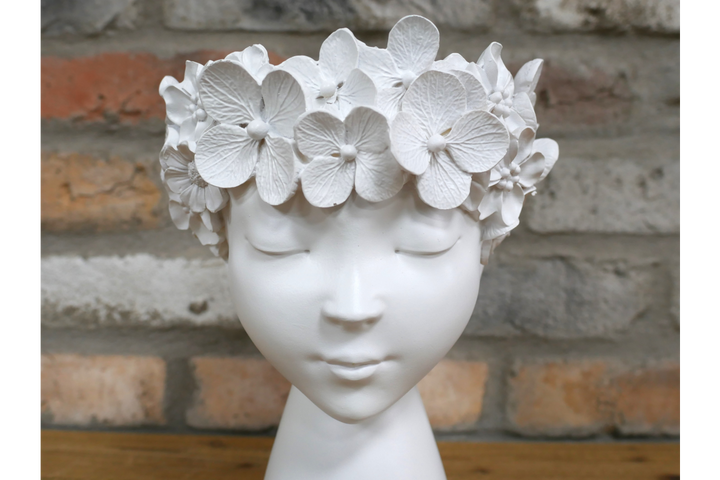 White Floral Head Vase with Face Details – Resin Planter for Home & Office Decor