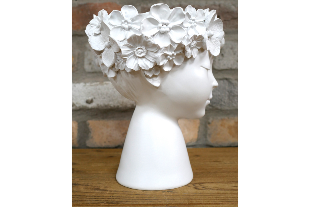 White Floral Head Vase with Face Details – Resin Planter for Home & Office Decor