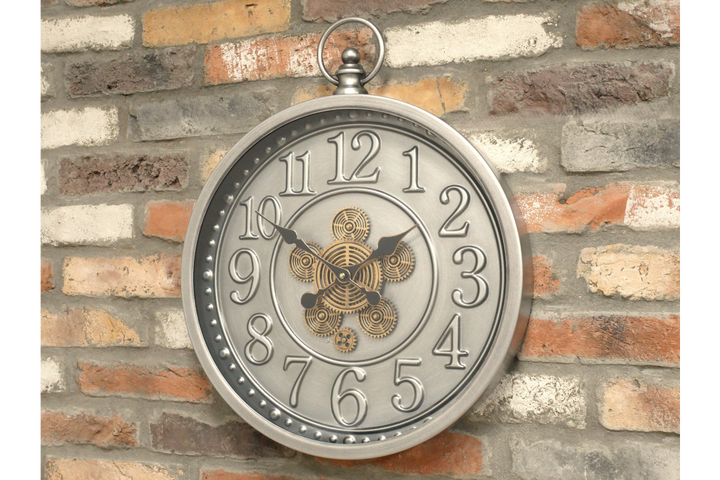 Luxury Silver Wall Clock with Gold Exposed Cogs & Roman Numerals