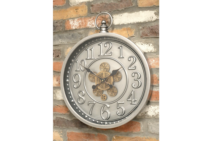 Luxury Silver Wall Clock with Gold Exposed Cogs & Roman Numerals