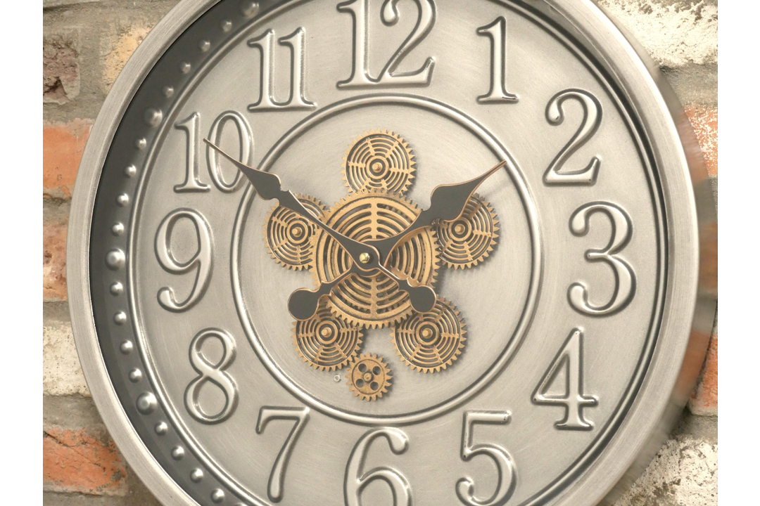Luxury Silver Wall Clock with Gold Exposed Cogs & Roman Numerals