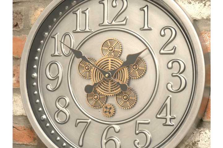 Luxury Silver Wall Clock with Gold Exposed Cogs & Roman Numerals