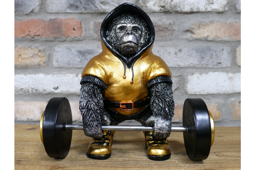 Weight Lifting Gorilla Resin Ornament in Gold and Black – Decorative Figurine