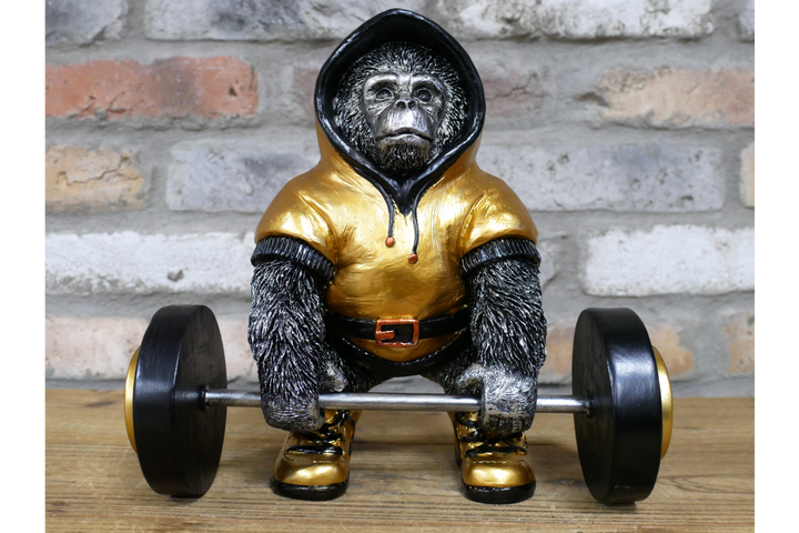 Weight Lifting Gorilla Resin Ornament in Gold and Black – Decorative Figurine