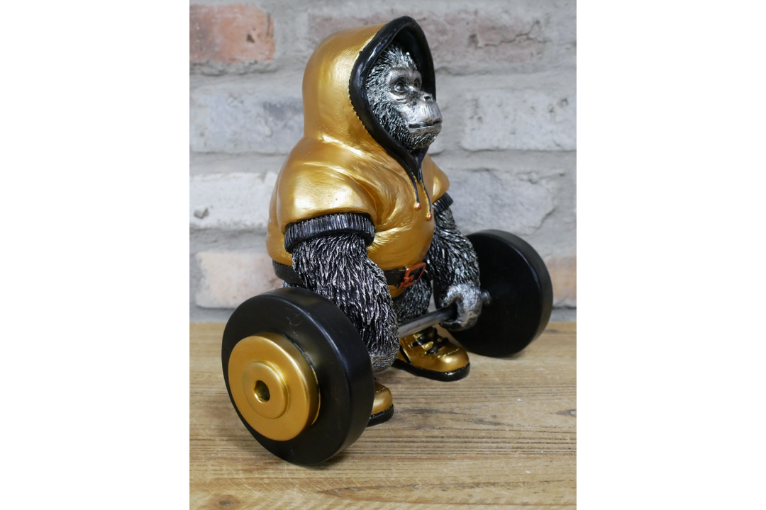 Weight Lifting Gorilla Resin Ornament in Gold and Black – Decorative Figurine