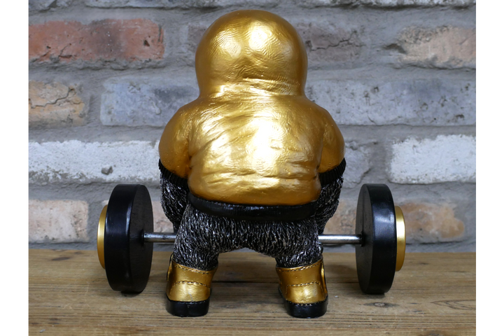 Weight Lifting Gorilla Resin Ornament in Gold and Black – Decorative Figurine
