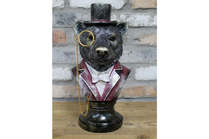 Bear Bust Resin Ornament Wearing Pink or Red Suit with Top Hat & Monocle Quirky Home Décor