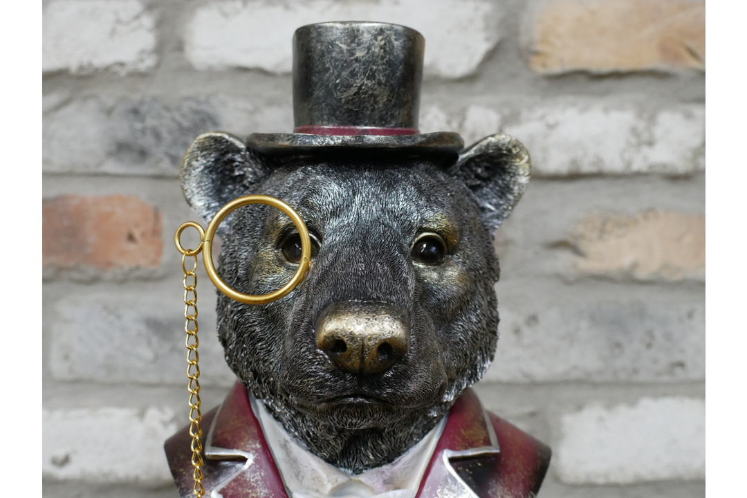 Bear Bust Resin Ornament Wearing Pink or Red Suit with Top Hat & Monocle Quirky Home Décor