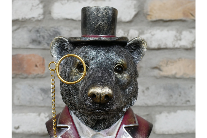 Bear Bust Resin Ornament Wearing Pink or Red Suit with Top Hat & Monocle Quirky Home Décor