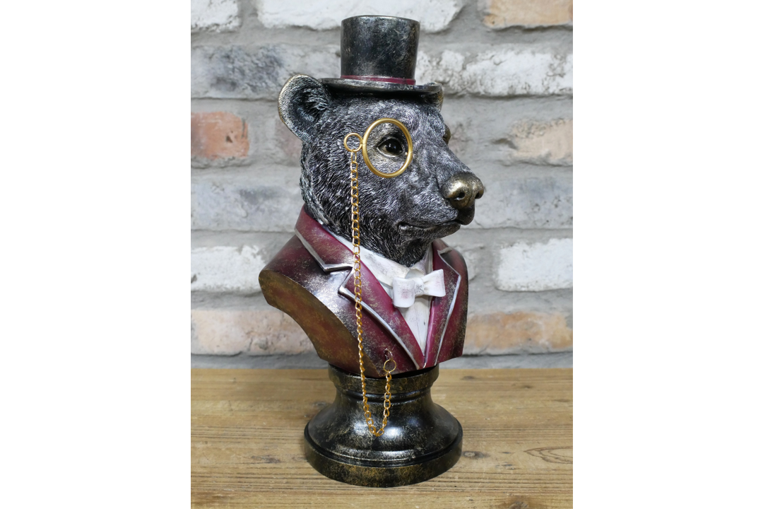 Bear Bust Resin Ornament Wearing Pink or Red Suit with Top Hat & Monocle Quirky Home Décor
