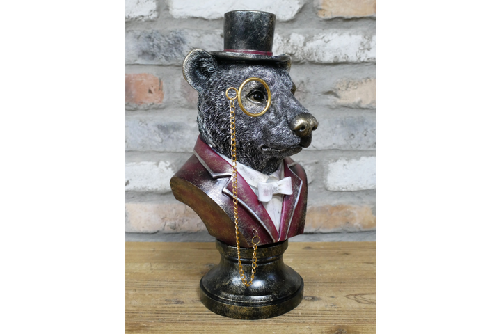 Bear Bust Resin Ornament Wearing Pink or Red Suit with Top Hat & Monocle Quirky Home Décor