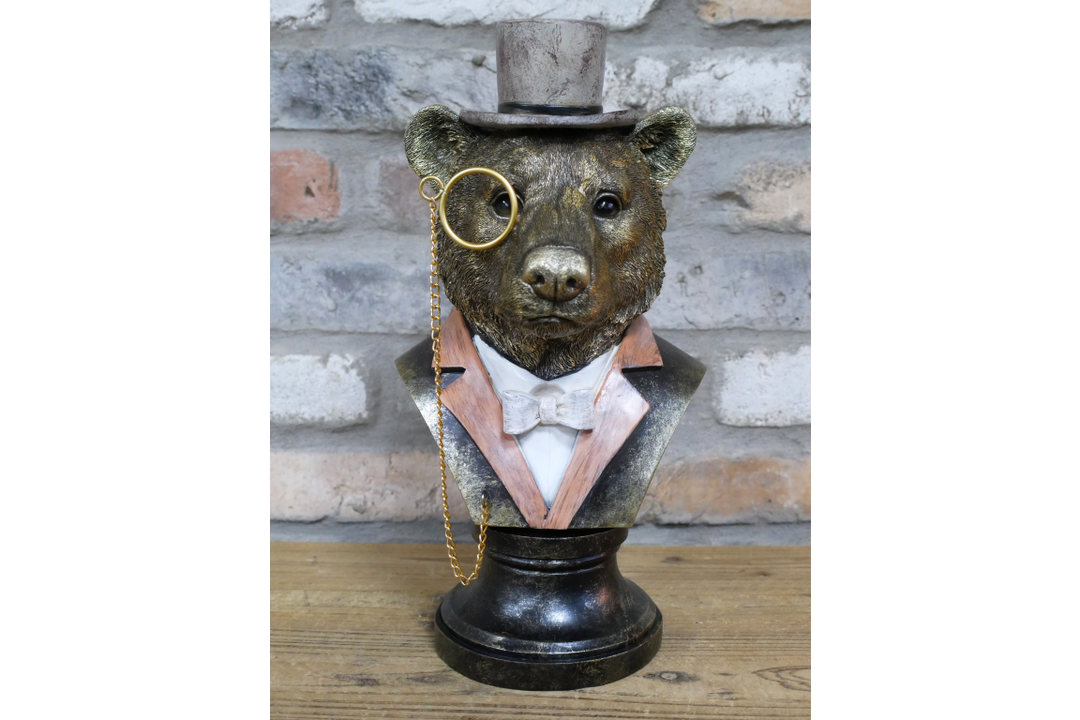 Bear Bust Resin Ornament Wearing Pink or Red Suit with Top Hat & Monocle Quirky Home Décor