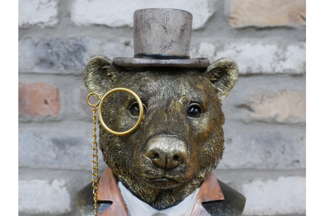 Bear Bust Resin Ornament Wearing Pink or Red Suit with Top Hat & Monocle Quirky Home Décor
