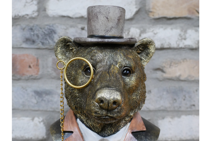 Bear Bust Resin Ornament Wearing Pink or Red Suit with Top Hat & Monocle Quirky Home Décor