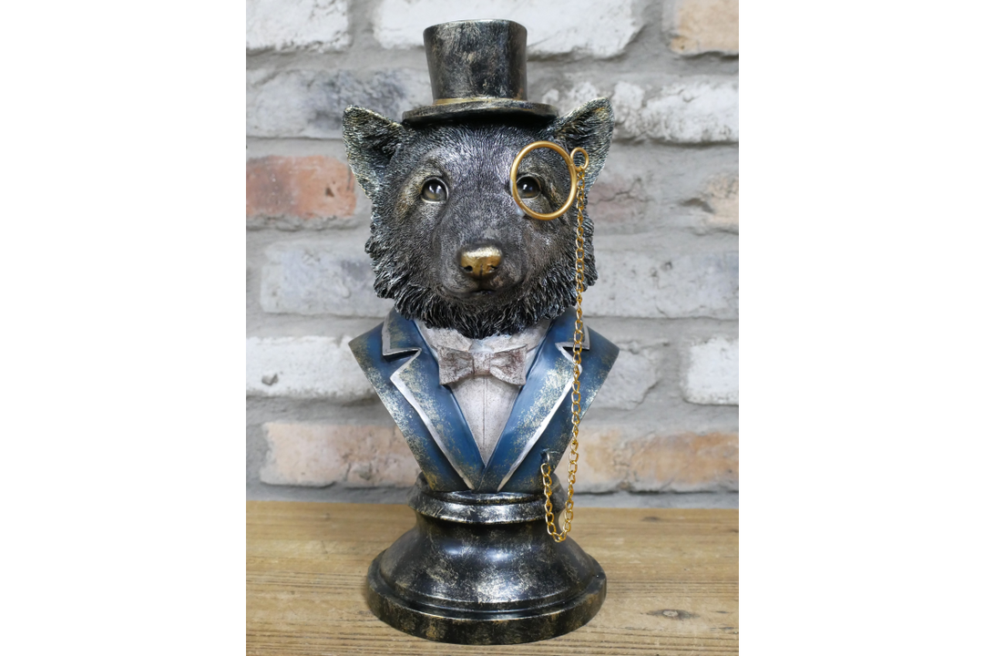Fox Bust Resin Ornament Wearing Blue or Red Suit with Top Hat & Monocle – Quirky Home Décor