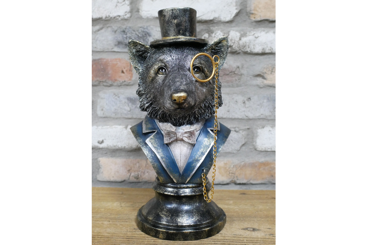 Fox Bust Resin Ornament Wearing Blue or Red Suit with Top Hat & Monocle – Quirky Home Décor