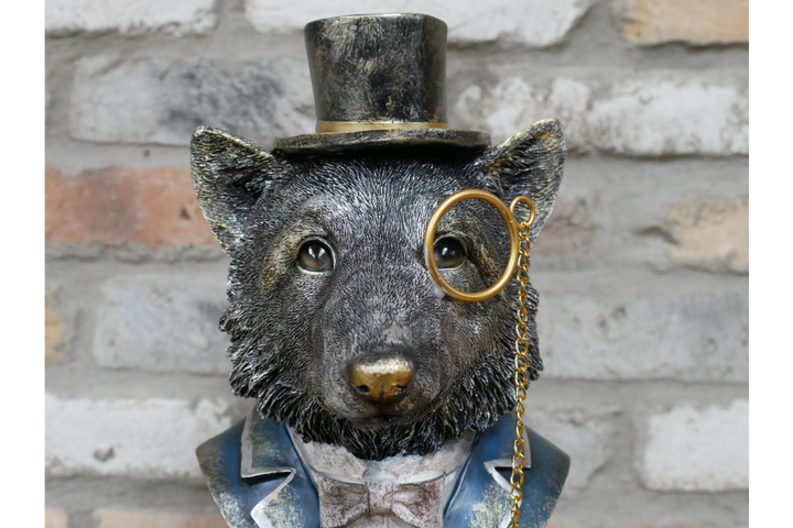 Fox Bust Resin Ornament Wearing Blue or Red Suit with Top Hat & Monocle – Quirky Home Décor