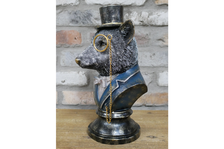 Fox Bust Resin Ornament Wearing Blue or Red Suit with Top Hat & Monocle – Quirky Home Décor