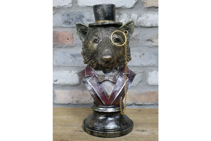 Fox Bust Resin Ornament Wearing Blue or Red Suit with Top Hat & Monocle – Quirky Home Décor