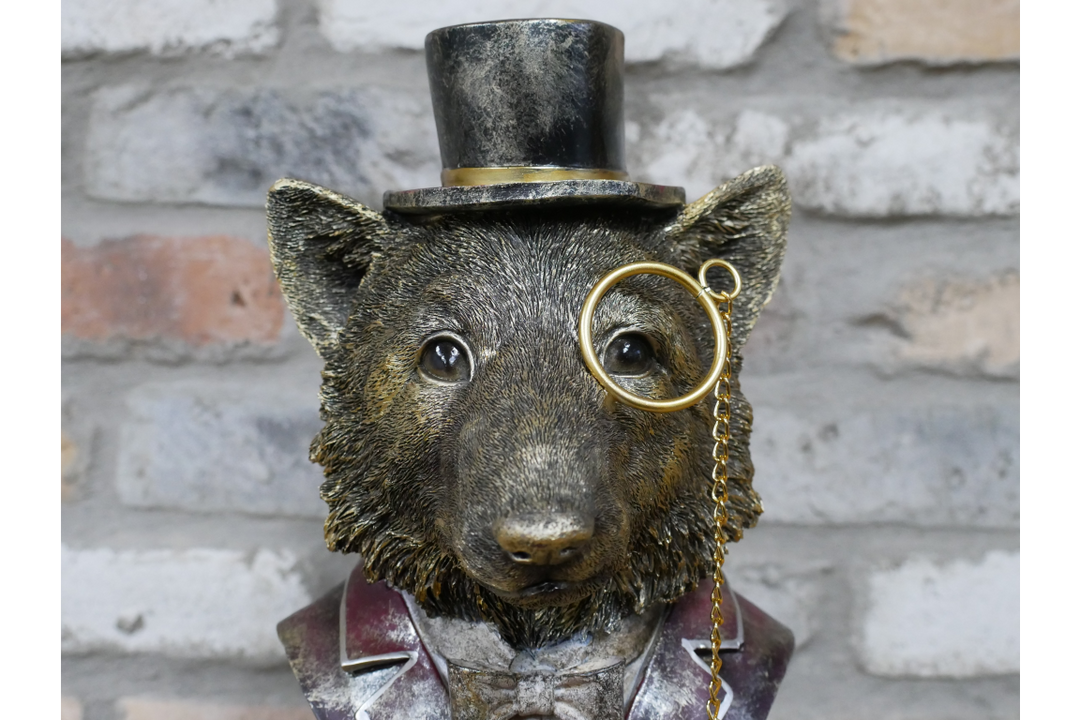 Fox Bust Resin Ornament Wearing Blue or Red Suit with Top Hat & Monocle – Quirky Home Décor