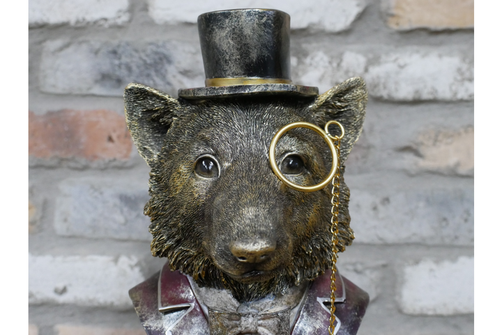 Fox Bust Resin Ornament Wearing Blue or Red Suit with Top Hat & Monocle – Quirky Home Décor