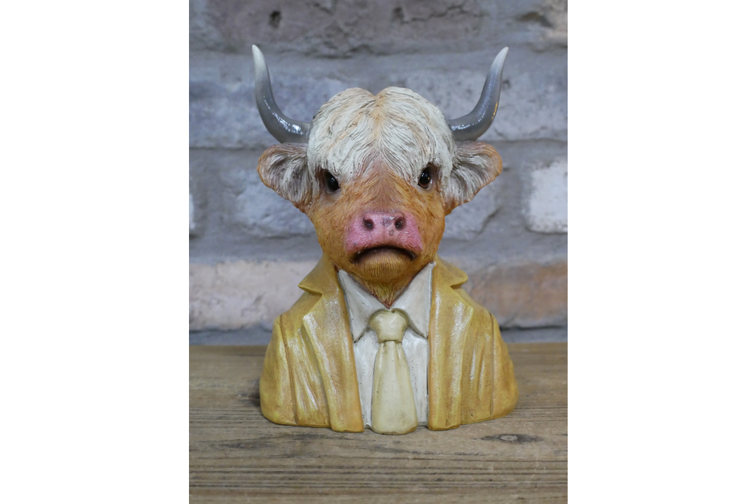 Large Highland Cow bust brown resin wearing suit quirky ornament