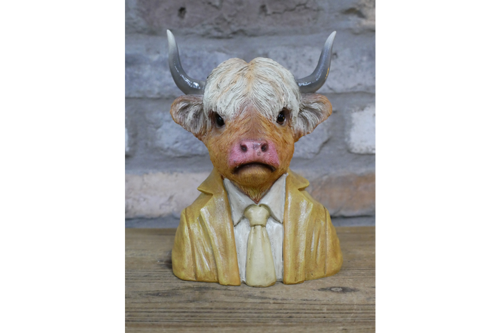 Large Highland Cow bust brown resin wearing suit quirky ornament