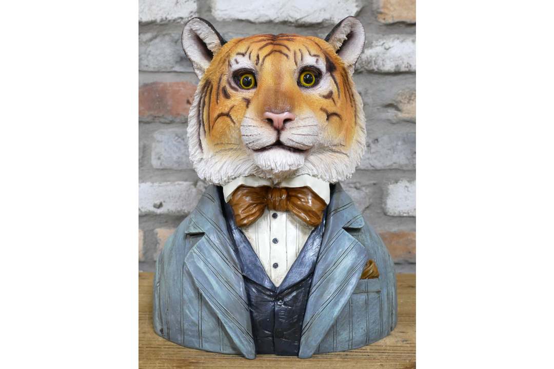 Tiger Bust Resin Ornament in Suit, Quirky Animal Home Decor