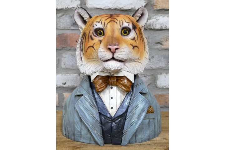 Tiger Bust Resin Ornament in Suit, Quirky Animal Home Decor