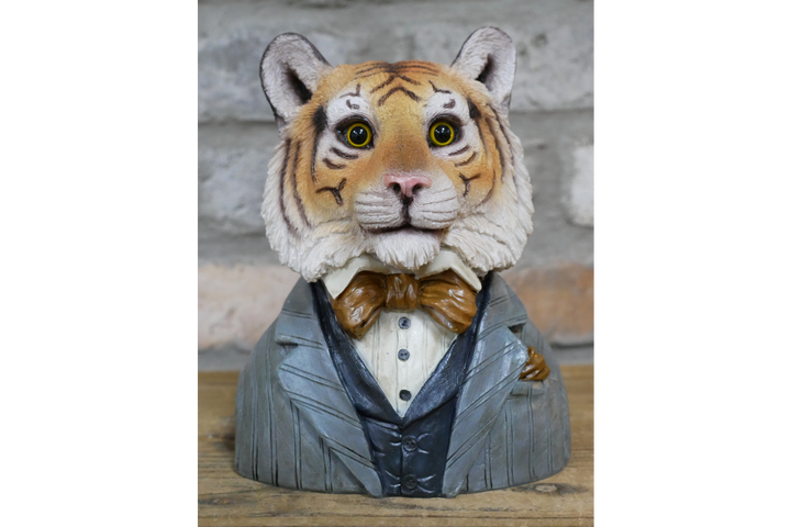 Tiger Bust Resin Ornament in Suit, Quirky Animal Home Decor