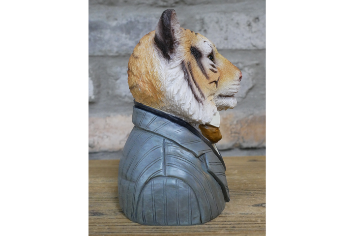 Tiger Bust Resin Ornament in Suit, Quirky Animal Home Decor